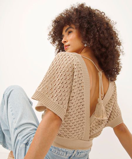 cropped de tricot manga ampla com amarração bege PP