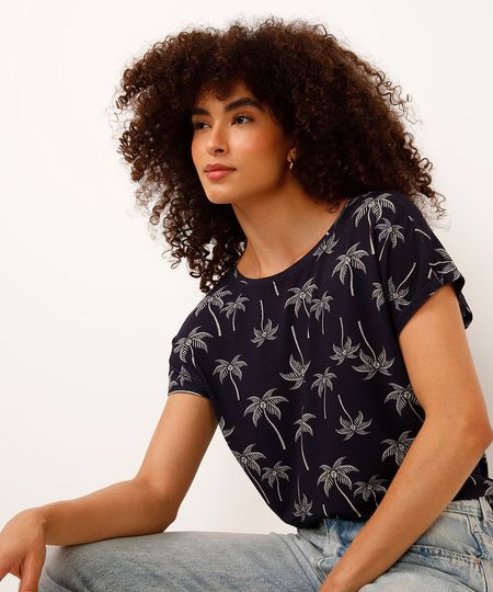 blusa de viscose decote canoa coqueiros azul PP