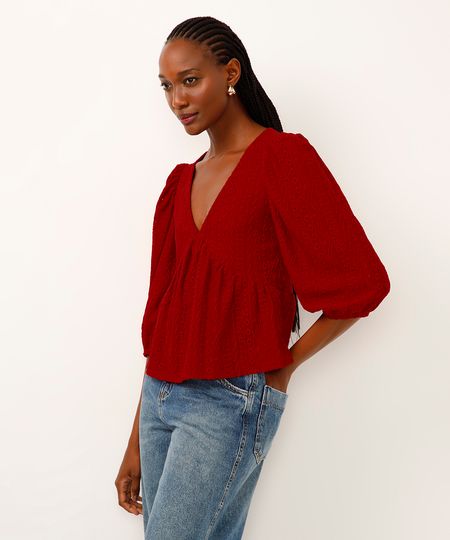 bata de laise decote v manga bufante vermelha PP bata de laise decote v manga bufante vermelha PP