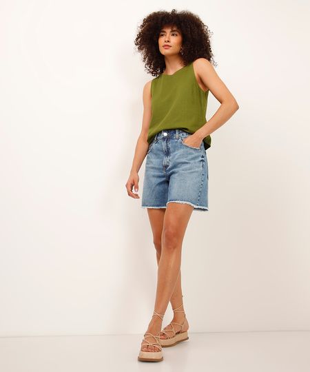 bermuda mom jeans cintura média barra desfiada azul 34