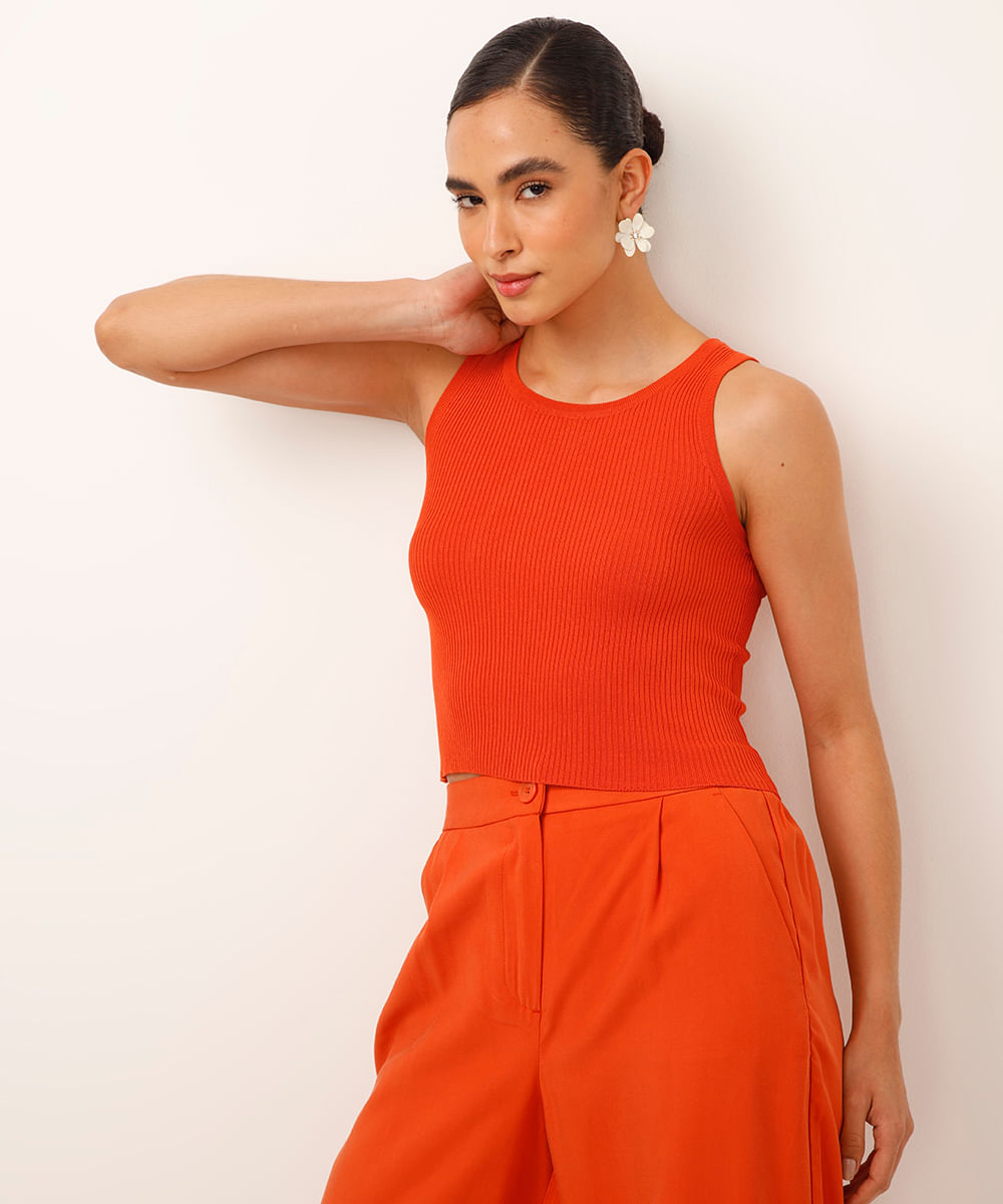 cropped de tricot canelado laranja