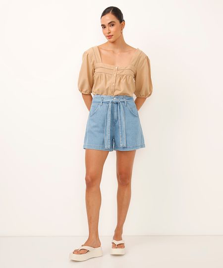 short clochard jeans cintura alta cinto faixa azul 36