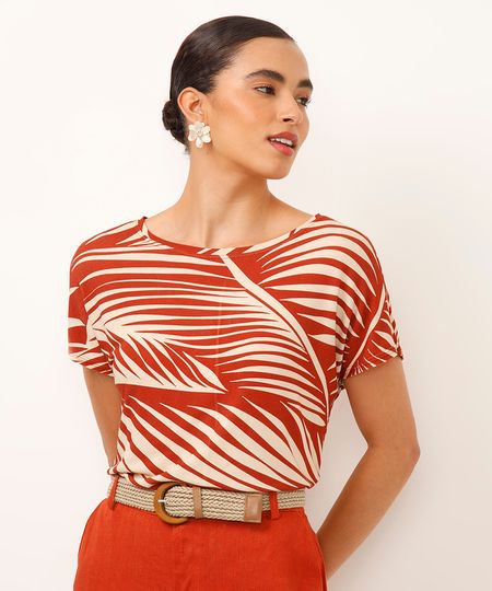 blusa de viscose folhagem decote canoa laranja PP