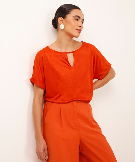 blusa de suede decote redondo com recorte laranja PP blusa de suede decote redondo com recorte laranja PP