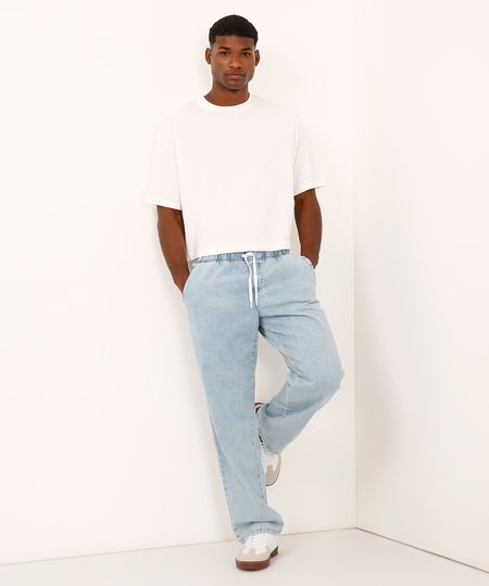calça jogger jeans cós com elástico e cordão azul 46
