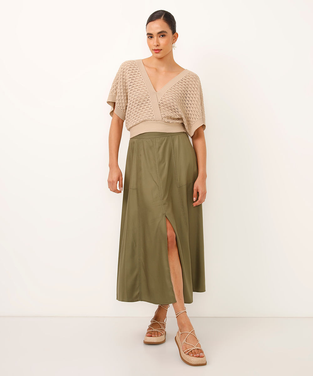 saia midi godê de viscose com fenda cintura alta verde