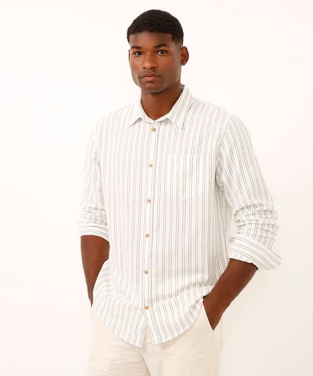 camisa comfort com linho listrada off white G