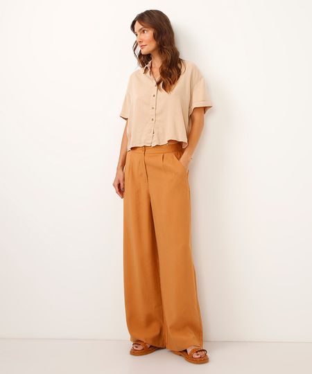 calça wide leg de viscose cintura alta com elástico - bege 38 calça wide leg de viscose cintura alta com elástico - bege 38