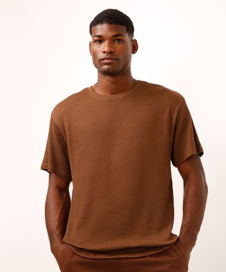 camiseta relaxed de algodão manga curta texturizada marrom M