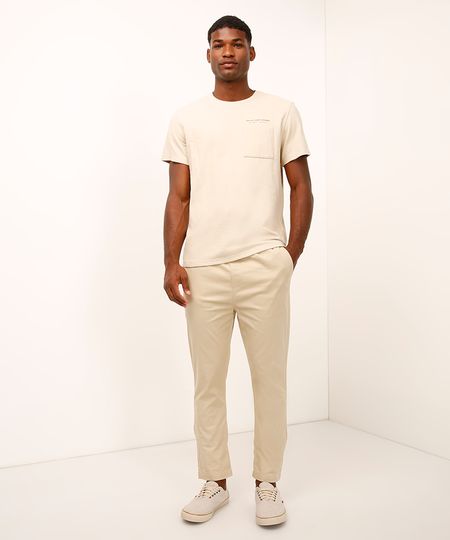 calça jogger de sarja cós com elástico e cordão bege 40 calça jogger de sarja cós com elástico e cordão bege 40