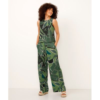 calça wide leg texturizada folhagem verde
