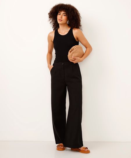 calça wide leg de viscose cintura alta com elástico - preto 36