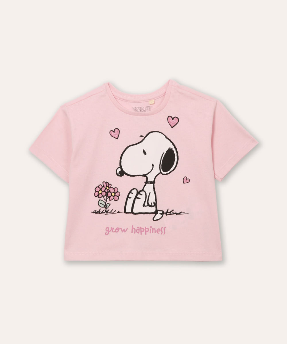 cropped infantil de algodão snoopy com glitter rosa
