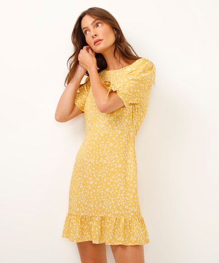 vestido curto de viscose floral amarelo PP