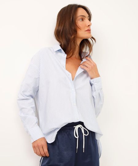 camisa de algodão manga longa listrada azul M