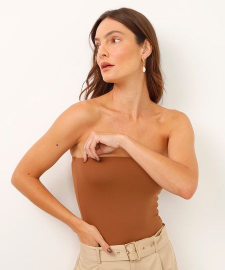 body cavado decote quadrado alça média marrom GG