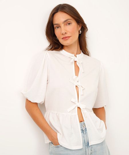 camisa bata de viscose manga bufante com amarração off white M