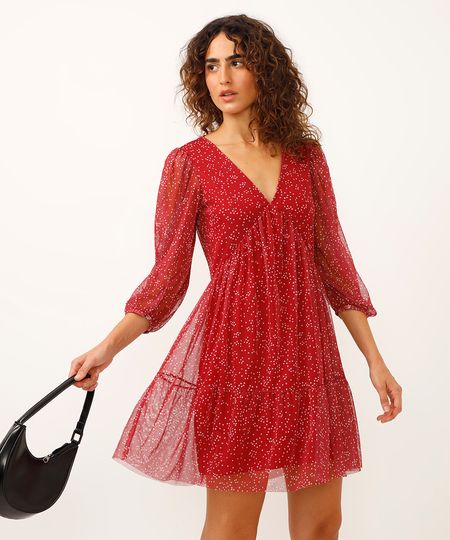 vestido curto de tule manga bufante poá vermelho P
