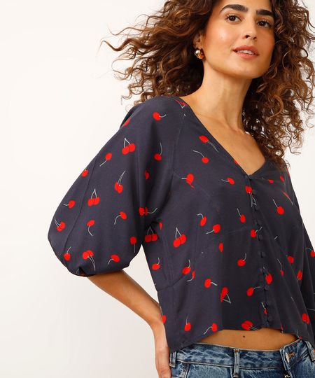 blusa de viscose manga bufante cerejas azul PP