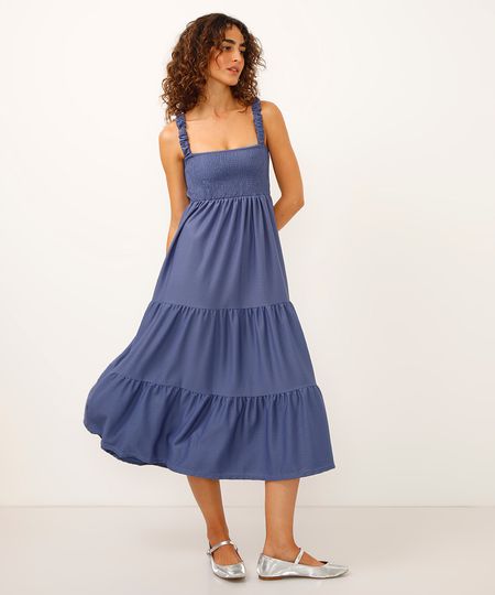 vestido midi texturizado com recortes alças médias azul GG vestido midi texturizado com recortes alças médias azul GG