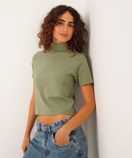 blusa básica manga curta gola alta verde PP