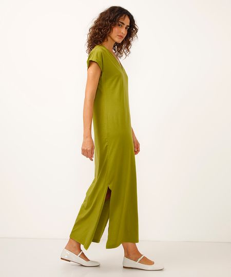 vestido longo de algodão decote v verde P vestido longo de algodão decote v verde P