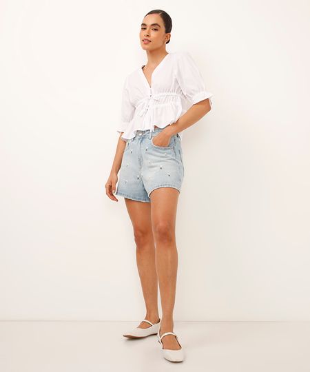 short boyfriend jeans cintura média floral e brilhos azul 36