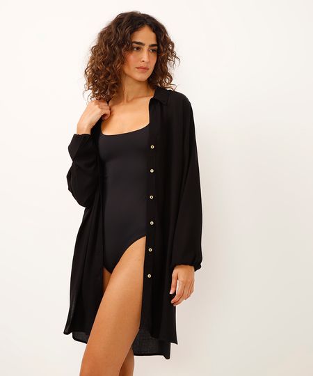 camisa saída de praia de viscose alongada preta GG camisa saída de praia de viscose alongada preta GG