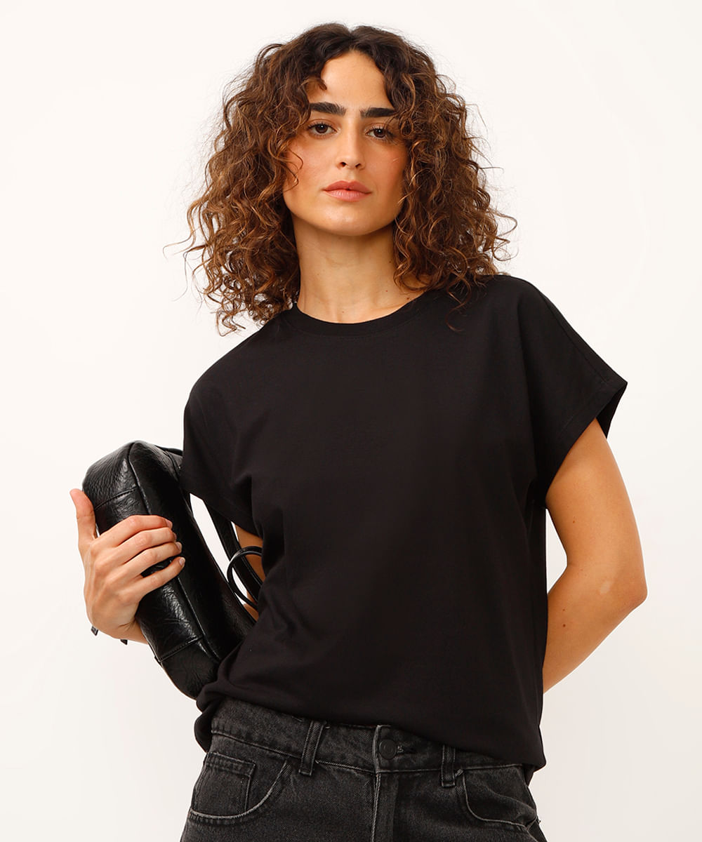 blusa de algodão manga curta preta