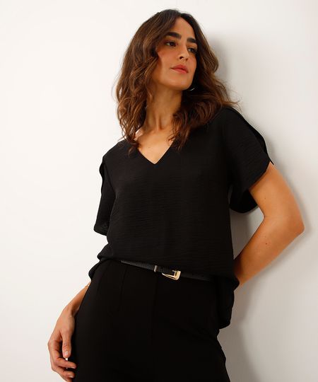 blusa decote v manga com transpasse preta PP blusa decote v manga com transpasse preta PP