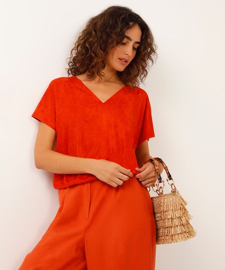 blusa de suede decote v elástico na barra laranja PP blusa de suede decote v elástico na barra laranja PP