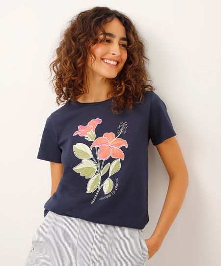 camiseta de algodão choose to bloom floral azul P camiseta de algodão choose to bloom floral azul P