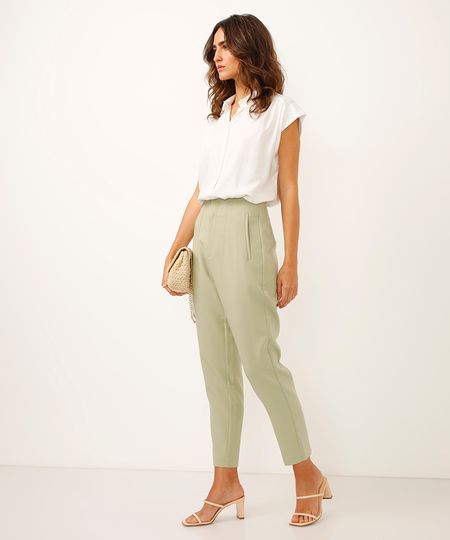 calça alfaiataria cintura alta com pences - verde médio 36 calça alfaiataria cintura alta com pences - verde médio 36