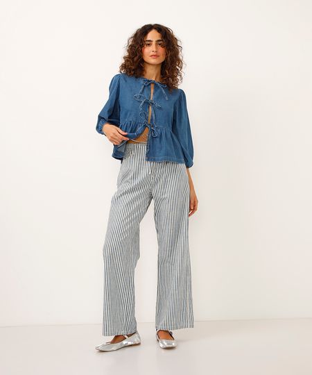 calça reta cintura ajustável listrada azul 46