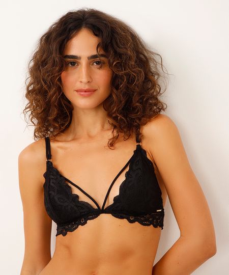 sutiã triângulo de renda bojo removível floral preto 40