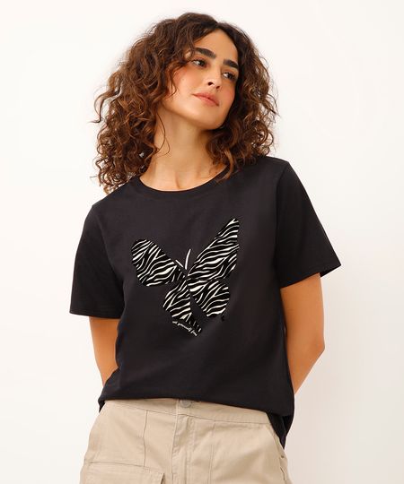 camiseta de algodão manga curta borboleta preta PP