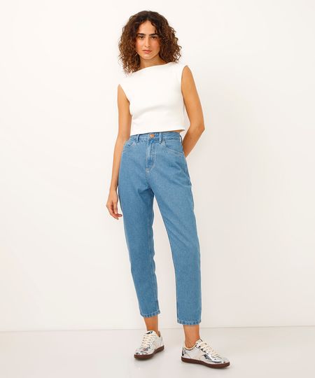 calça mom jeans cintura alta azul 36