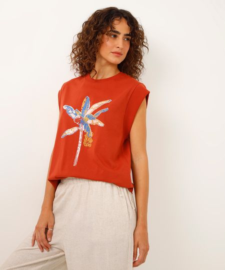 blusa muscle tee de algodão bananeira com paetê jade marangolo laranja GG