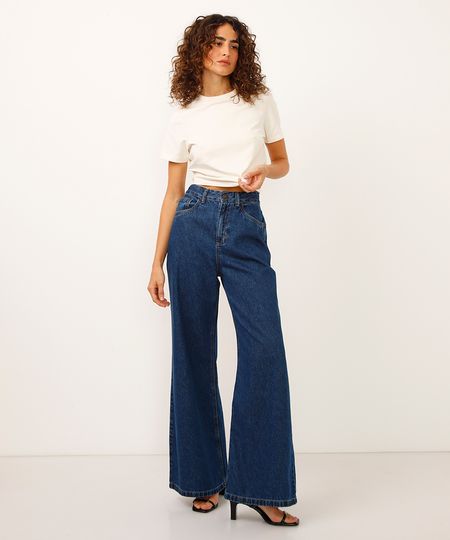 calça wide leg jeans cintura alta azul 38