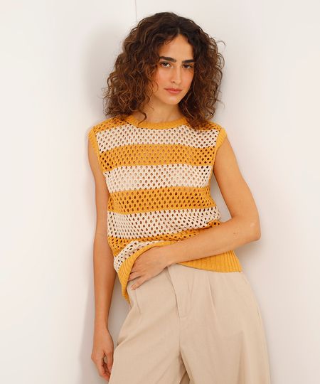 regata de tricot listrada jade marangolo amarela G regata de tricot listrada jade marangolo amarela G