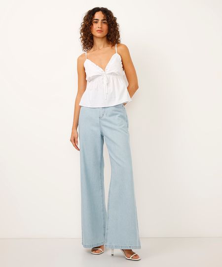 calça wide leg jeans cintura alta azul 34
