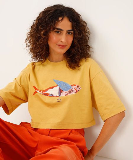 cropped de algodão peixe jade marangolo amarelo GG cropped de algodão peixe jade marangolo amarelo GG