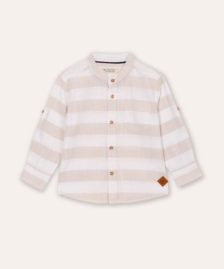 camisa infantil de algodão gola padre listrada bege 2