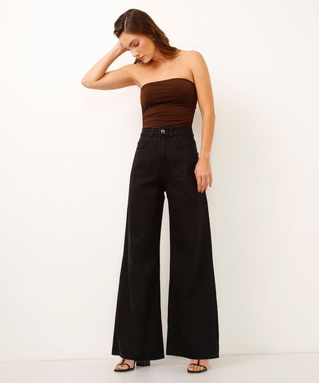 calça jeans wide leg cintura super alta preta 34