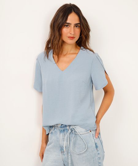 blusa decote v manga com transpasse azul PP
