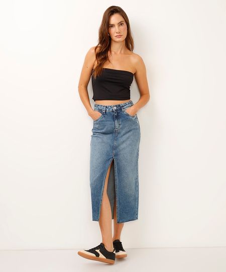 saia jeans midi cintura alta com fenda azul escuro 34 saia jeans midi cintura alta com fenda azul escuro 34