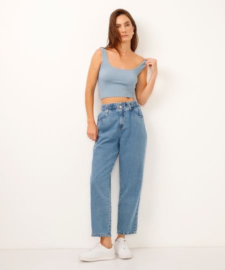 calça clochard jeans cintura alta azul 36