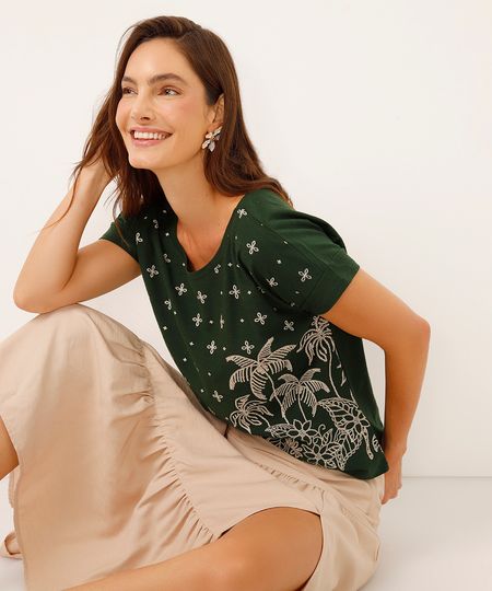 blusa de algodão folhagem manga curta verde PP