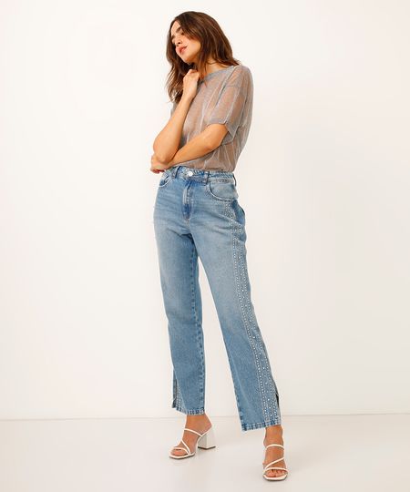 calça reta jeans cintura alta com strass e fenda azul 36