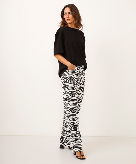 calça wide leg de sarja cintura alta animal print colorida 34